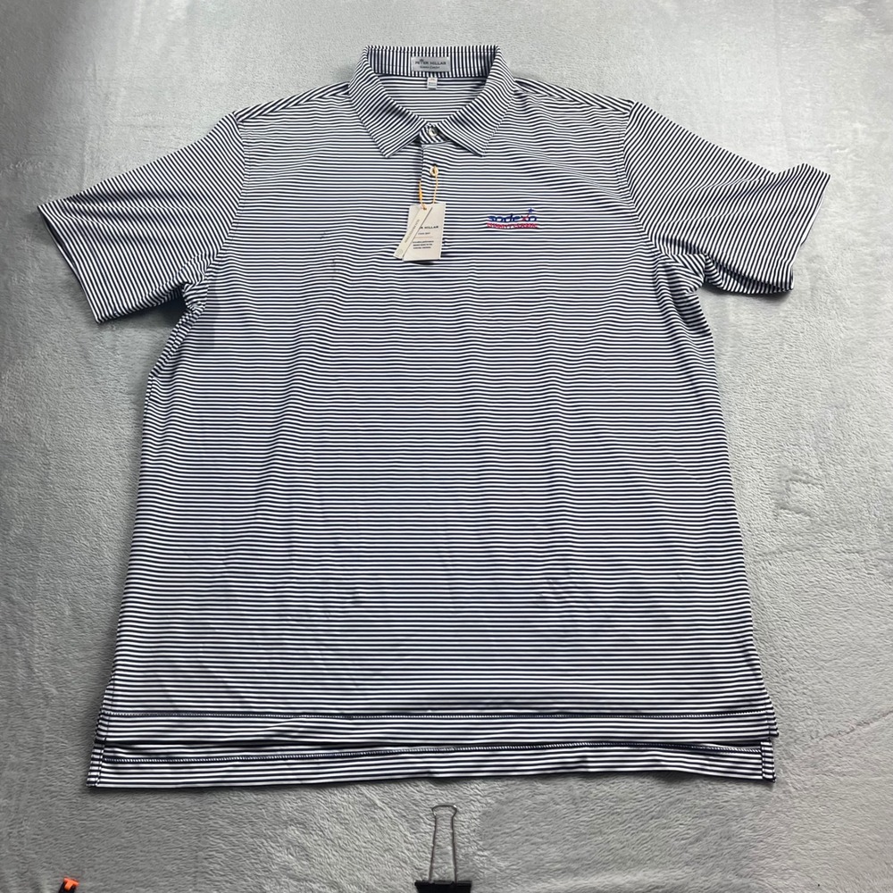 Peter Millar Summer Comfort Polo Shirt Mens XL Navy White Stripe Sodexo Charity - Picture 5 of 10